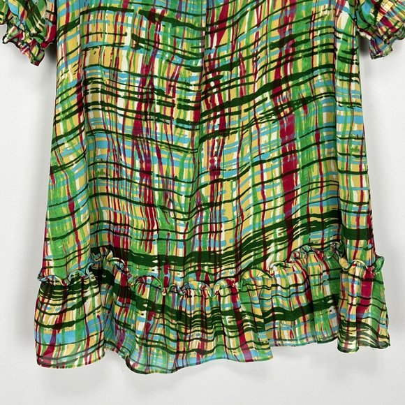 KindLikeLove Womans Green Abstract Plaid Mini Shift Dress Bow Ruffle size Small - Picture 4 of 10
